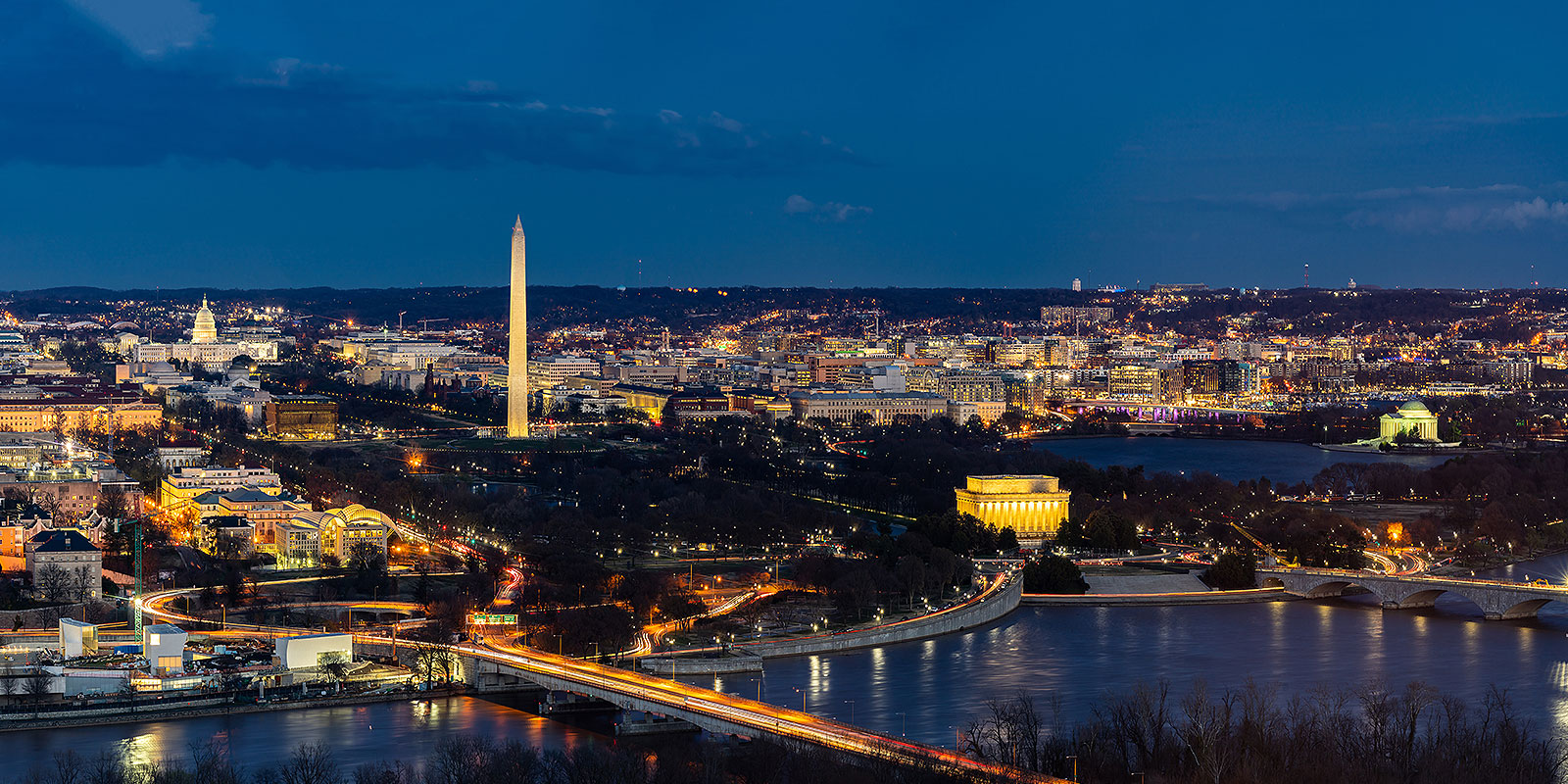 Washington Monument aerial view in the evening